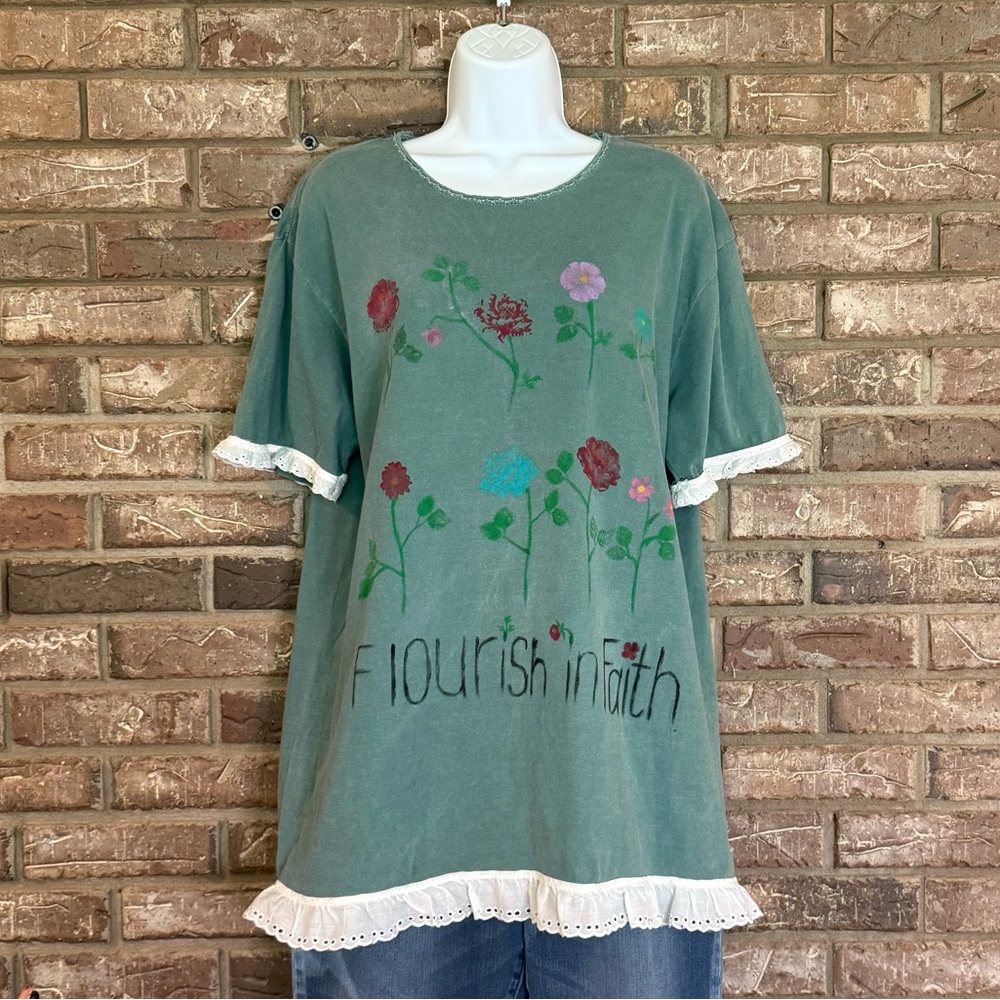 Upcycled “Flourish in Faith” Hand Painted T-Shirt with Eyelet Trim